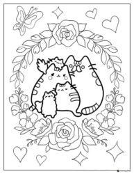 Pusheen Family Coloring Page with Flowers
