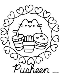 Pusheen Fast Food with Heart Border Coloring Page