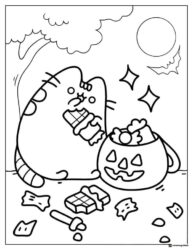 Pusheen Halloween Candy Coloring Page with Bat