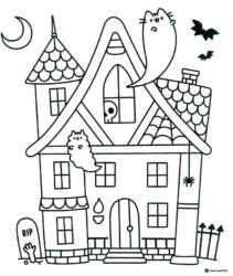 Pusheen Halloween Haunted House Coloring Page