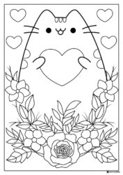 Pusheen Holding Heart Coloring Page with Flowers