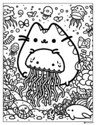 Pusheen Holding a Jellyfish Coloring Sheet