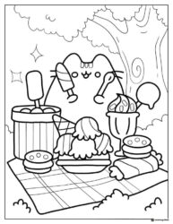 Pusheen Ice Cream Picnic Coloring Page under a Tree