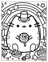 Pusheen Lollipop Coloring Page with Rainbow and Candies