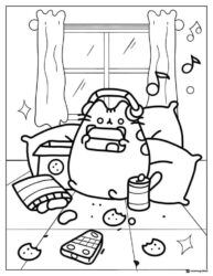 Pusheen Movie Night Coloring Page with Popcorn