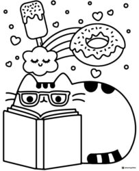 Pusheen Reading Book with Sweets Coloring Page