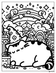 Pusheen Sleeping with Rainbow Coloring Page
