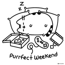 Pusheen Sleeping with Snacks Coloring Page