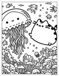 Pusheen Underwater with Jellyfish Coloring Page