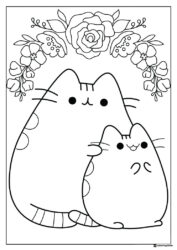 Pusheen and Little Cat Floral Coloring Page
