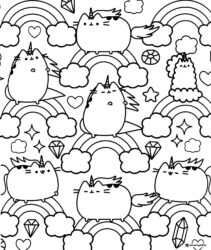 Pusheen and Unicorns with Rainbows Coloring Page