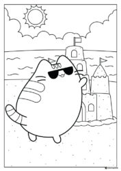 Pusheen at Beach Coloring Page with Sandcastle