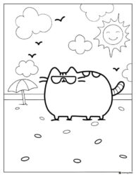 Pusheen at Beach Coloring Page with Sun and Birds