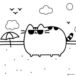 Pusheen at Beach Coloring Page with Umbrella