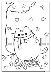 Pusheen in Autumn Leaves Coloring Page