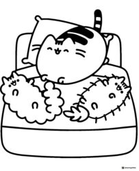 Pusheen in Bed with Plushies Coloring Page
