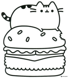 Pusheen on Burger Coloring Page