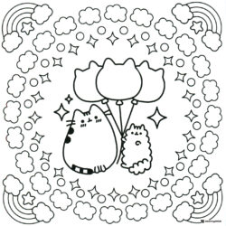 Pusheen with Balloons Coloring Page