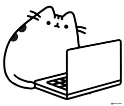 Pusheen with Laptop Coloring Page