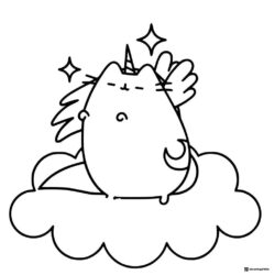 Pusheen with Wings on Cloud Coloring Page