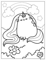Pusheenicorn Sleeping Coloring Page with Rainbow and Clouds