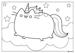 Pusheenicorn on Cloud Coloring Page with Stars