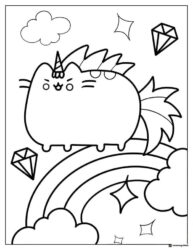 Pusheenicorn on Rainbow Coloring Page with Diamonds