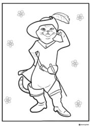 Puss in Boots posing with flowers coloring page