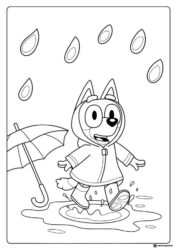 Rainy Day Bluey Coloring Page with Puddle and Umbrella