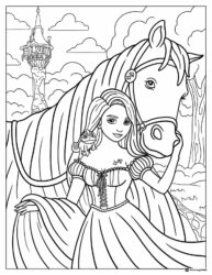 Rapunzel Coloring Page with Horse Pascal and Tower
