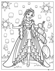 Rapunzel Coloring Sheet with Floating Lanterns and Suns