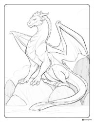 Regal dragon with outstretched wings on rocks coloring page