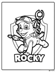 Rocky Coloring Page with Tools and Recycling Badge Emblem