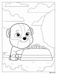 Rubble Puppy Coloring Page Sitting by Bowl of Kibble