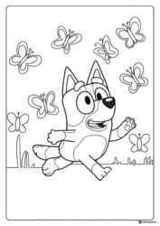 Running Bluey Coloring Page with Flying Butterflies All Around