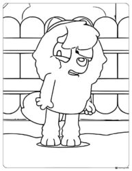 Sad Dog Character Coloring Page with Fence Background