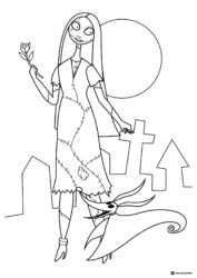 Sally and Zero Coloring Page with Moon