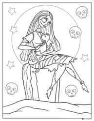 Sally holding a cat with skulls and stars coloring