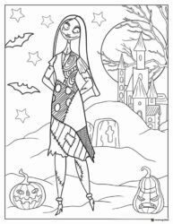 Sally in front of Halloween Town castle coloring