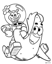 Sandy Cheeks Coloring Page riding on Patrick Star