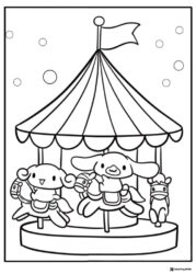 Sanrio Characters Coloring Page on a merry go round