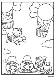 Sanrio Characters Coloring Page with train plane and balloons
