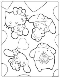 Sanrio Characters with Hearts Coloring Page