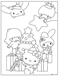 Sanrio Christmas Tree and Gifts Coloring Page