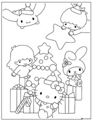 Sanrio Christmas coloring page with tree and gifts