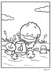 Sanrio Duck Coloring Page playing drum with ducklings