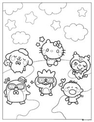 Sanrio Friends Coloring Page with Pompompurin and Hello Kitty