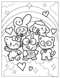 Sanrio Friends with Rainbow and Hearts Coloring Page