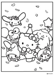 Sanrio birthday party coloring page with confetti