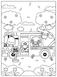 Sanrio characters bus coloring page with flowers